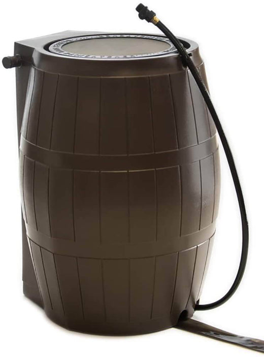 FCMP Outdoor 50Gal Rain Catcher Rain Barrel with hose attachment, designed to mimic a traditional wooden barrel for water collection.