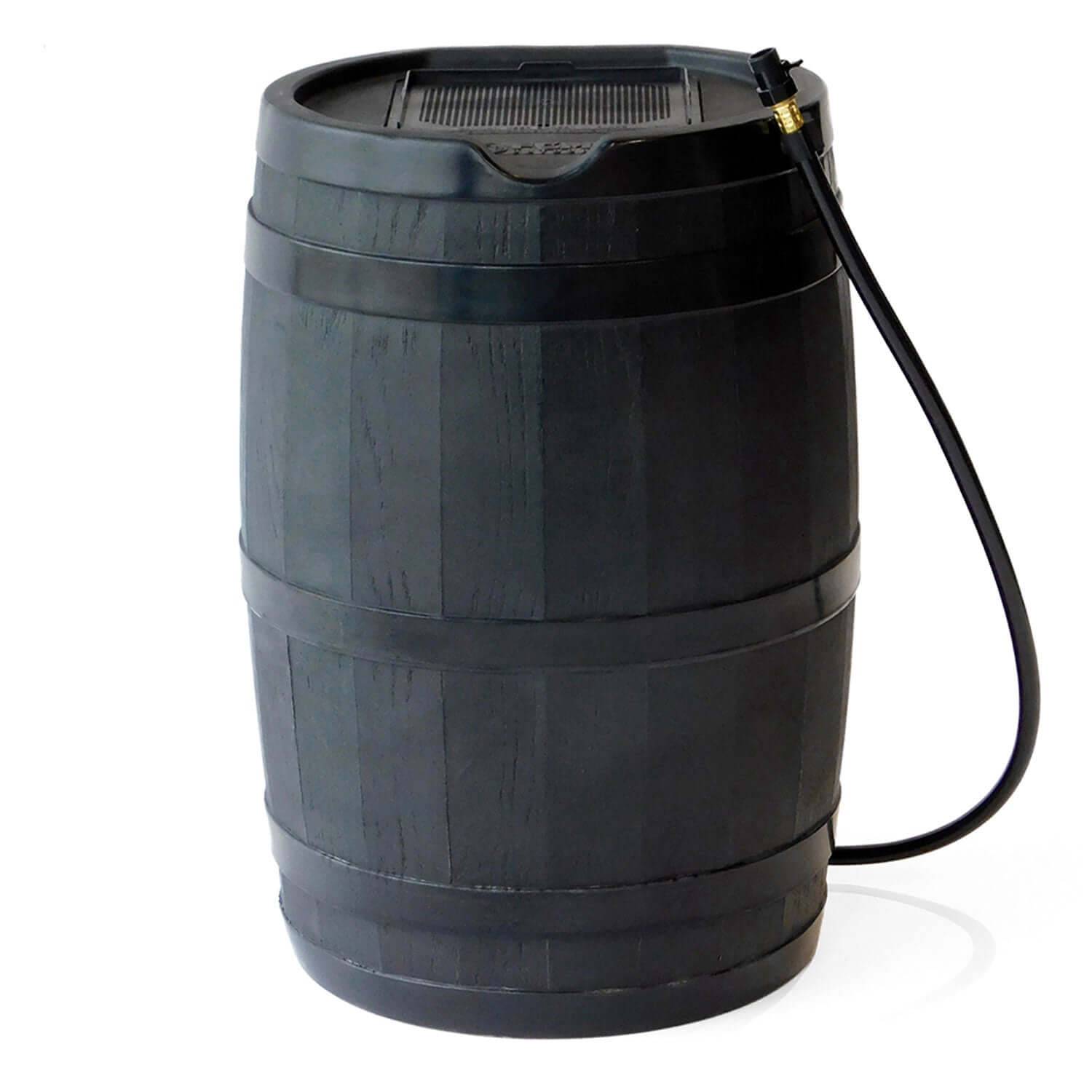 Black FCMP Outdoor 45Gal Rain Catcher Barrel from Cabin Depot with garden hose, Canada-made traditional wooden design.