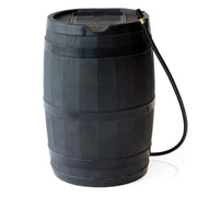Black FCMP Outdoor 45Gal Rain Catcher Barrel from Cabin Depot with garden hose, Canada-made traditional wooden design.