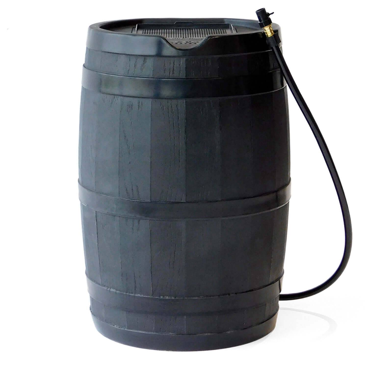 Black FCMP Outdoor 45Gal rain barrel with hose, perfect for Cabin Depot, traditional wooden barrel look, child-safe design.