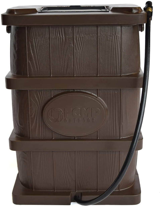 Wood Grain Rain Barrel WG4000-BRN by FCMP Outdoor, featuring a traditional wooden barrel design with hose attachment.