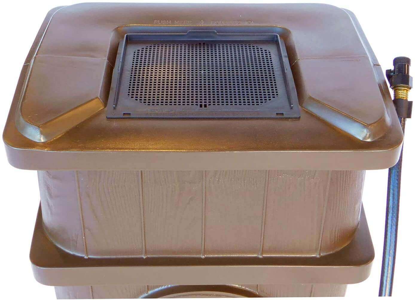 FCMP Outdoor 45Gal Wood Grain Rain Barrel in Brown, available at Cabin Depot. Features a safety rib and flat back for easy installation.