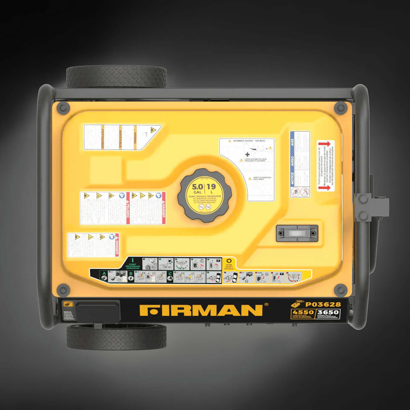 Firman 4550W gas remote start portable generator top view CO Alert, reliable power for Cabin Depot