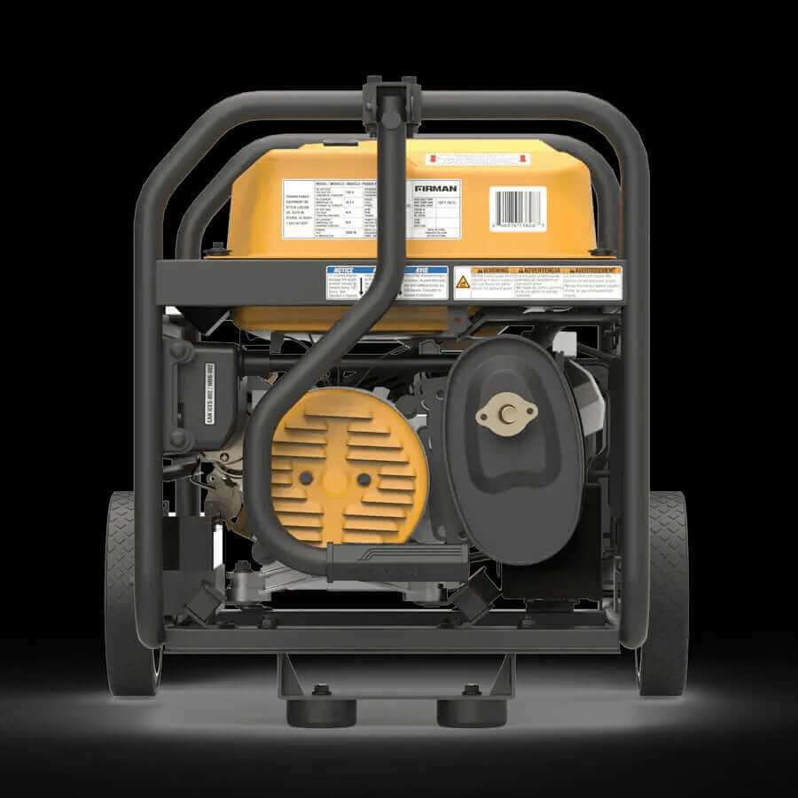 Firman 4550W Portable Generator with CO Alert, available at Cabin Depot, showcases rear view with robust black frame and easy mobility wheels.