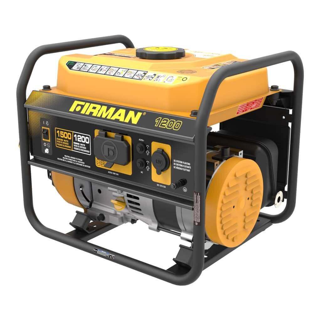 Firman 1500/1200W Generator with metal frame, perfect for camping. Portable power solution from Cabin Depot.