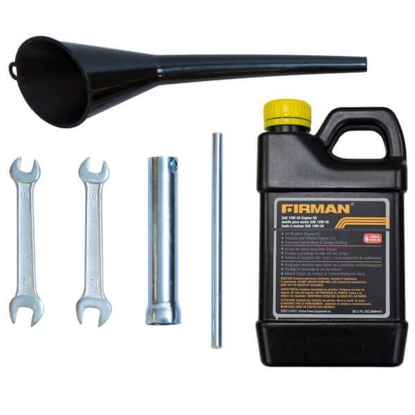 Firman generator maintenance kit with oil, tools, and funnel from Cabin Depot.
