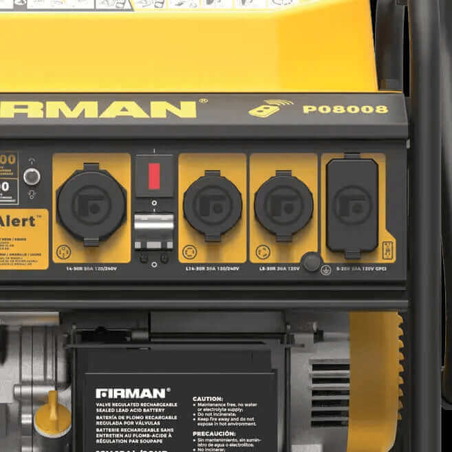 Close-up of Firman P08008 Generator panel showing outlets and controls, available at Cabin Depot.