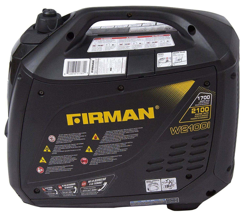 Firman 2100W Portable Generator with cover, ideal for camping, featuring quiet operation. Available at Cabin Depot.