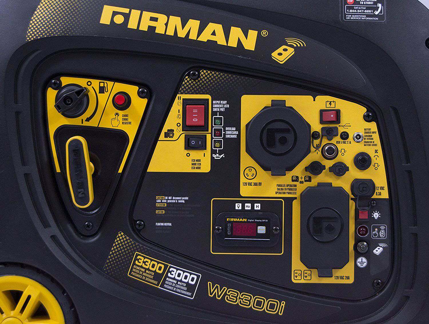 Firman 3,300/3,000W Whisper Series Portable Generator control panel at Cabin Depot