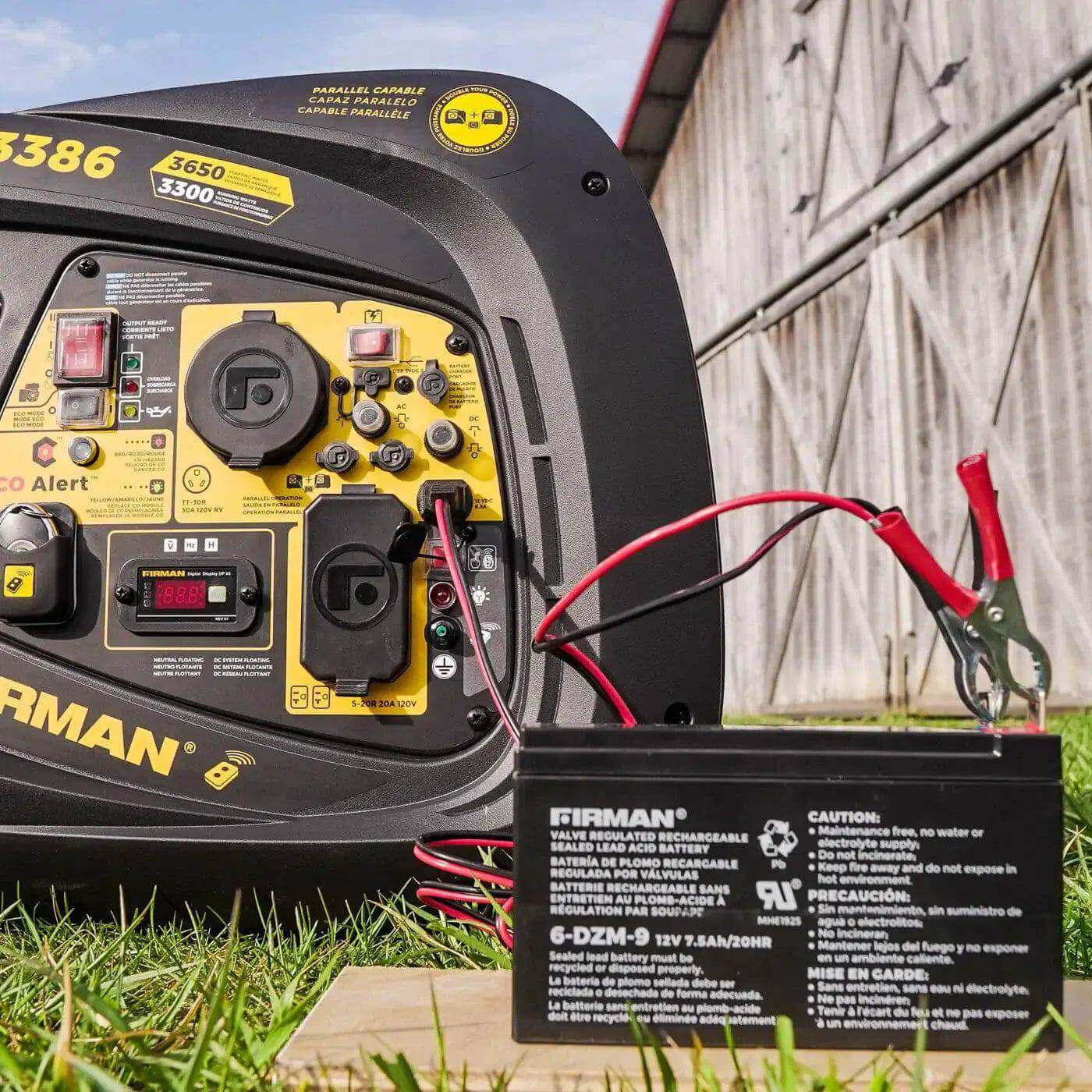 Firman 3650W Whisper Series generator outside, connected to battery, ideal for RVs and outdoor festivals. Available at Cabin Depot.