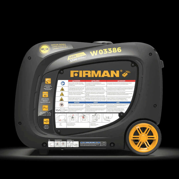 Firman 3,650W Whisper Series generator model W03386 with CO alert, ideal for RVs, events, and crafting enthusiasts.