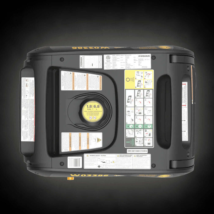 Top view of Firman 3,650W Whisper Series generator with CO Alert showing control panel and instructions.