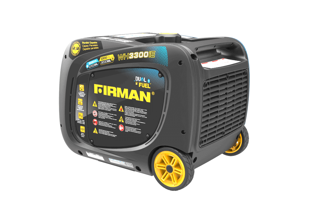 Firman Whisper Series Dual Fuel Generator, Cabin Depot, 3300W starting power, quiet 58dB, runs on gas or propane, electric start