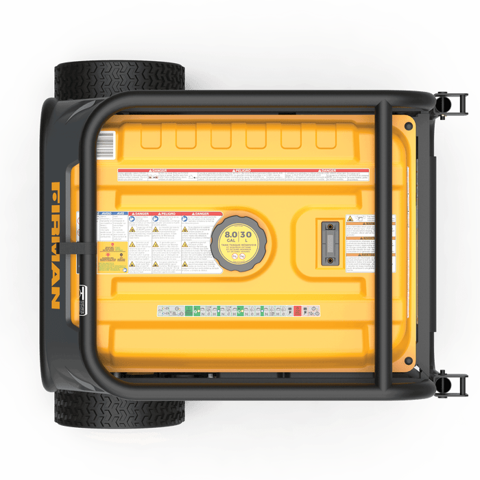 Firman Dual Fuel Portable Generator top view showing controls and rugged wheels for outdoor use