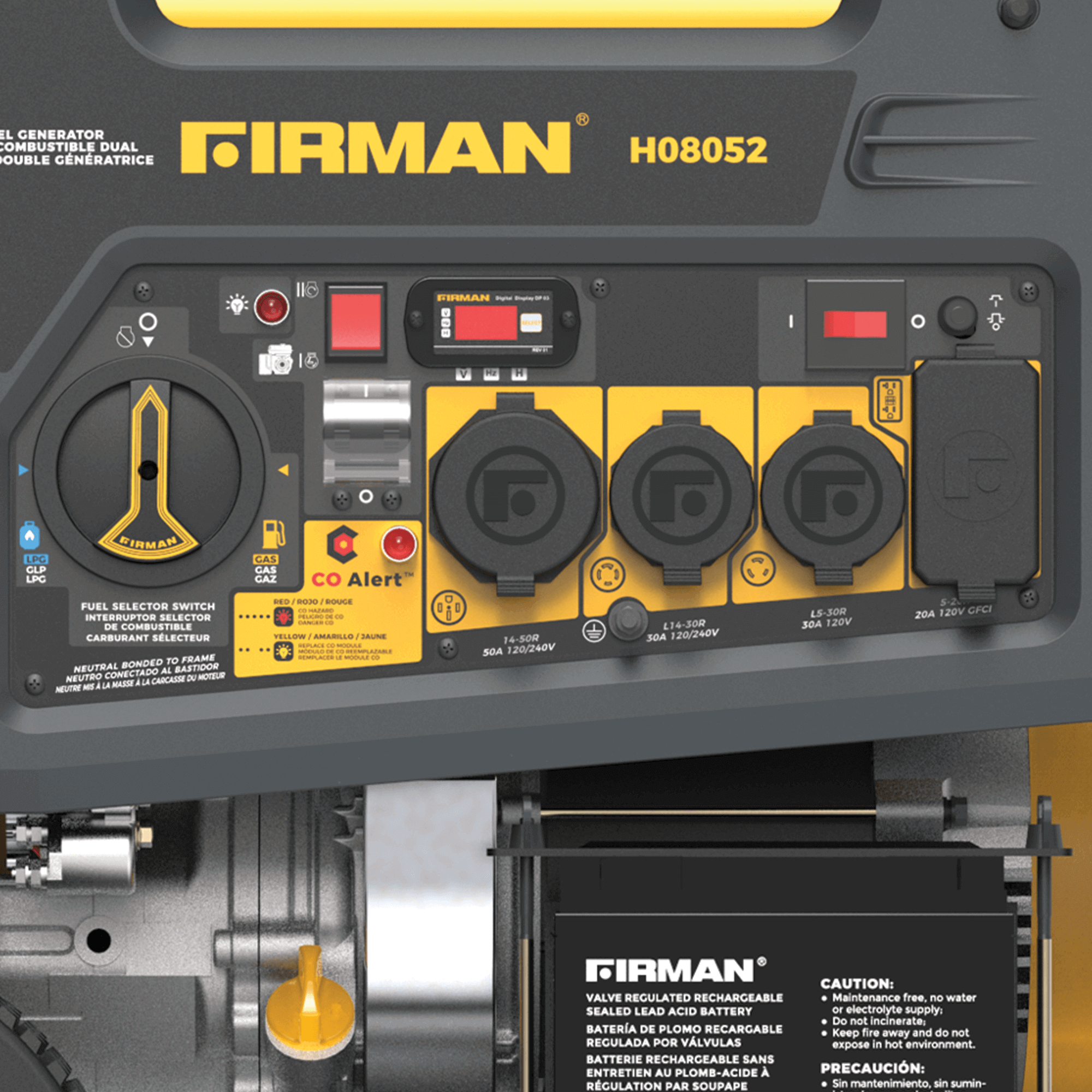 Close-up of control panel on Firman H08052 Dual Fuel Portable Generator, available at Cabin Depot, for RVs and backup power needs.