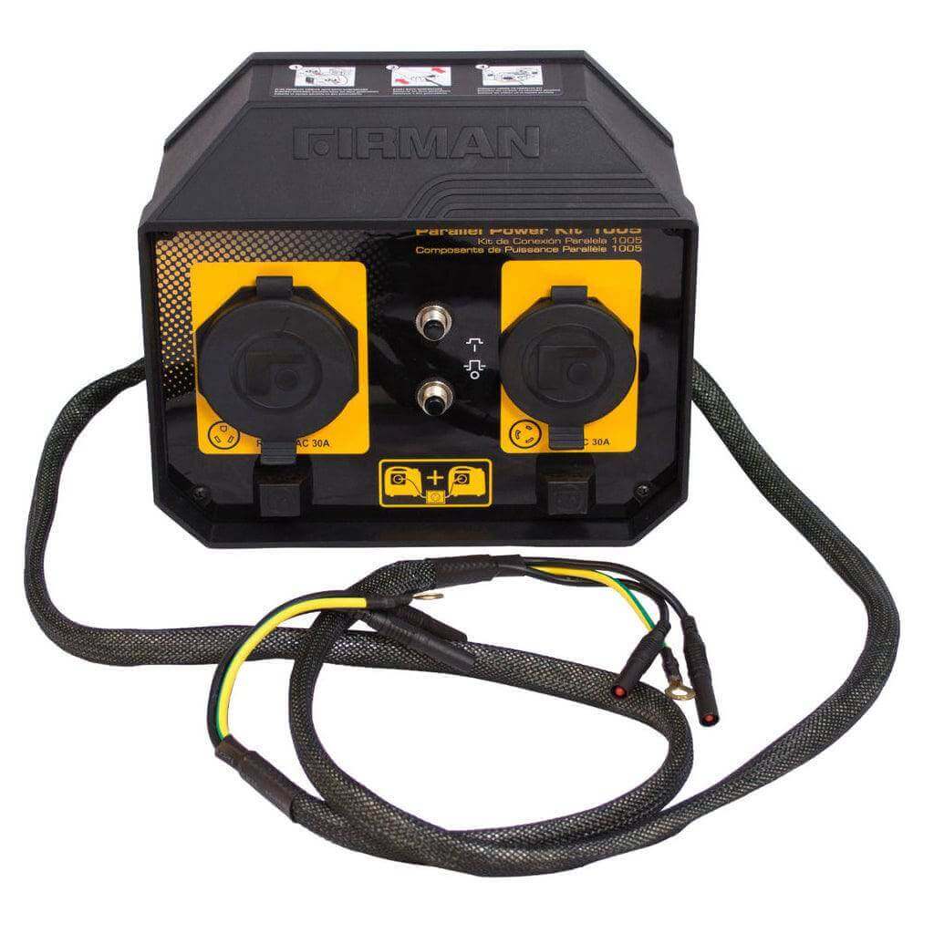 Firman 30A Parallel Kit for combining inverter generators, available at Cabin Depot, with protective outlet covers and LED light.