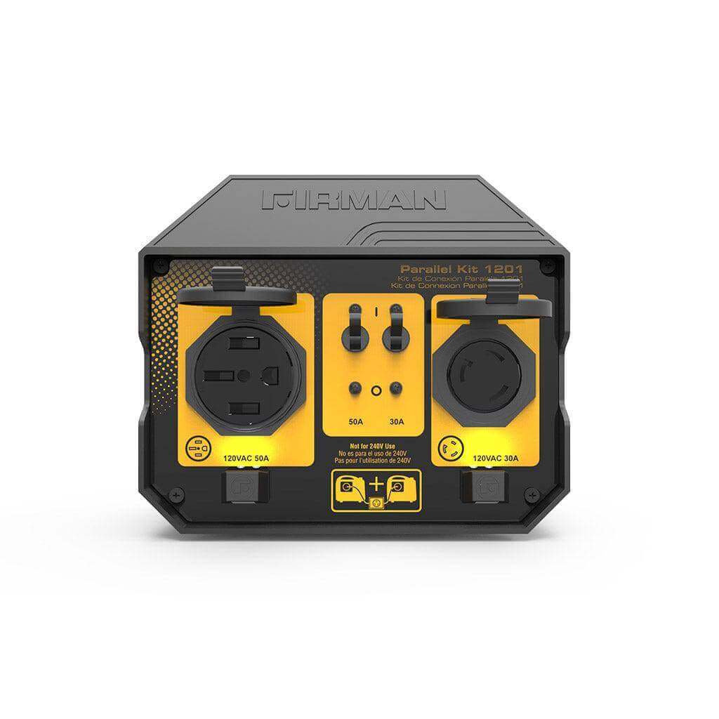 Firman 50A Parallel Kit for Inverter Generators - Boost power at Cabin Depot with protective outlet covers and LED light. Connects 2100-3300W units.