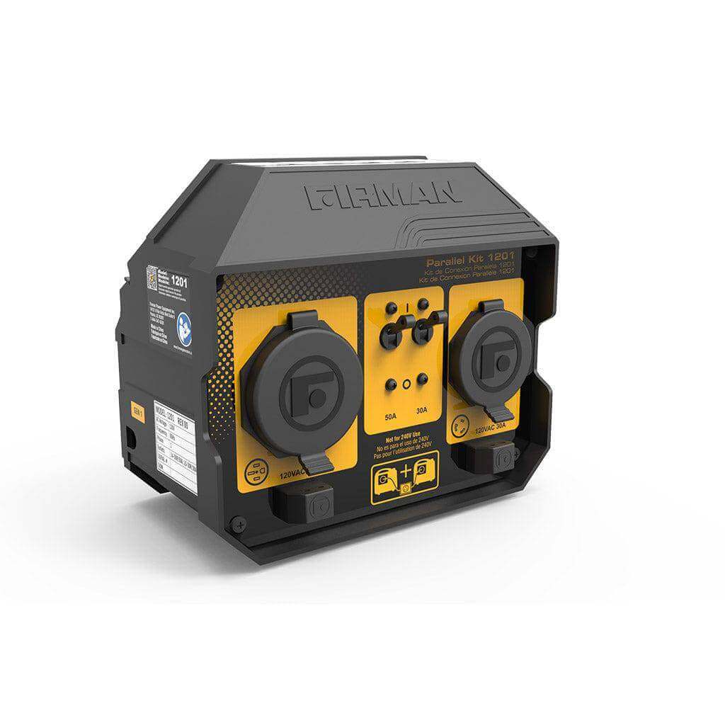 Firman 50A Parallel Kit with protective outlet covers, designed to connect two FIRMAN Inverter generators at Cabin Depot.