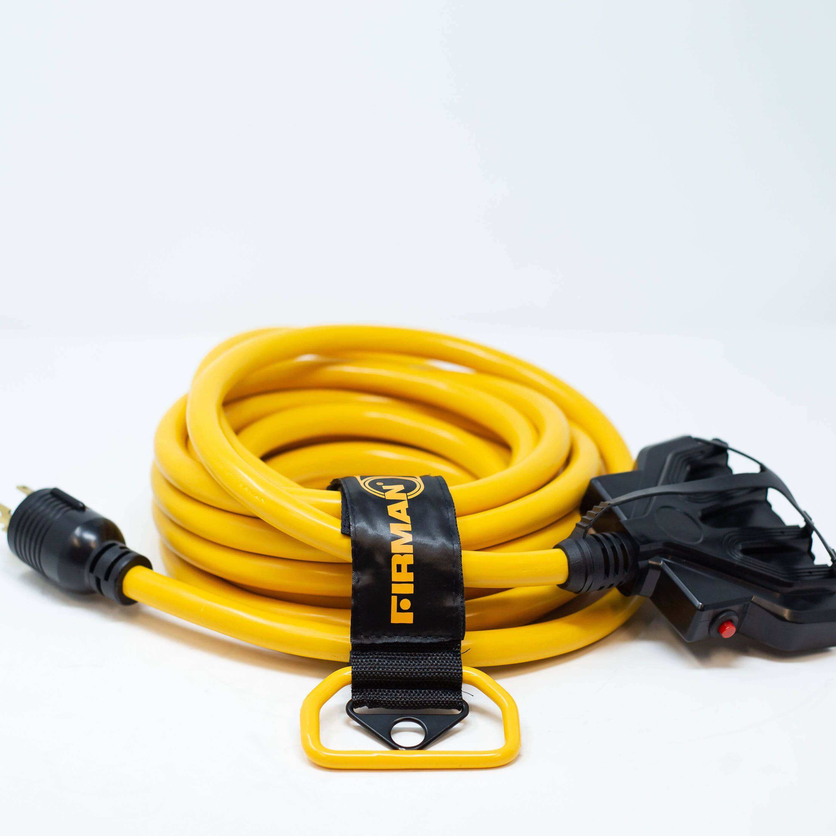 Firman 30A power cord, yellow, 25FT, split outlet design, 10-gauge, outdoor-rated, compatible with Cabin Depot, circuit breakers, gold color.