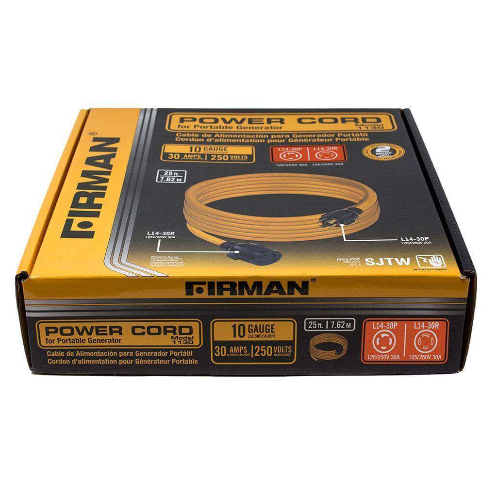 Firman 30A L14-30P to L14-30R power cord box, outdoor use, 10 gauge, 30 AMP, 25ft, gold, Cabin Depot exclusive