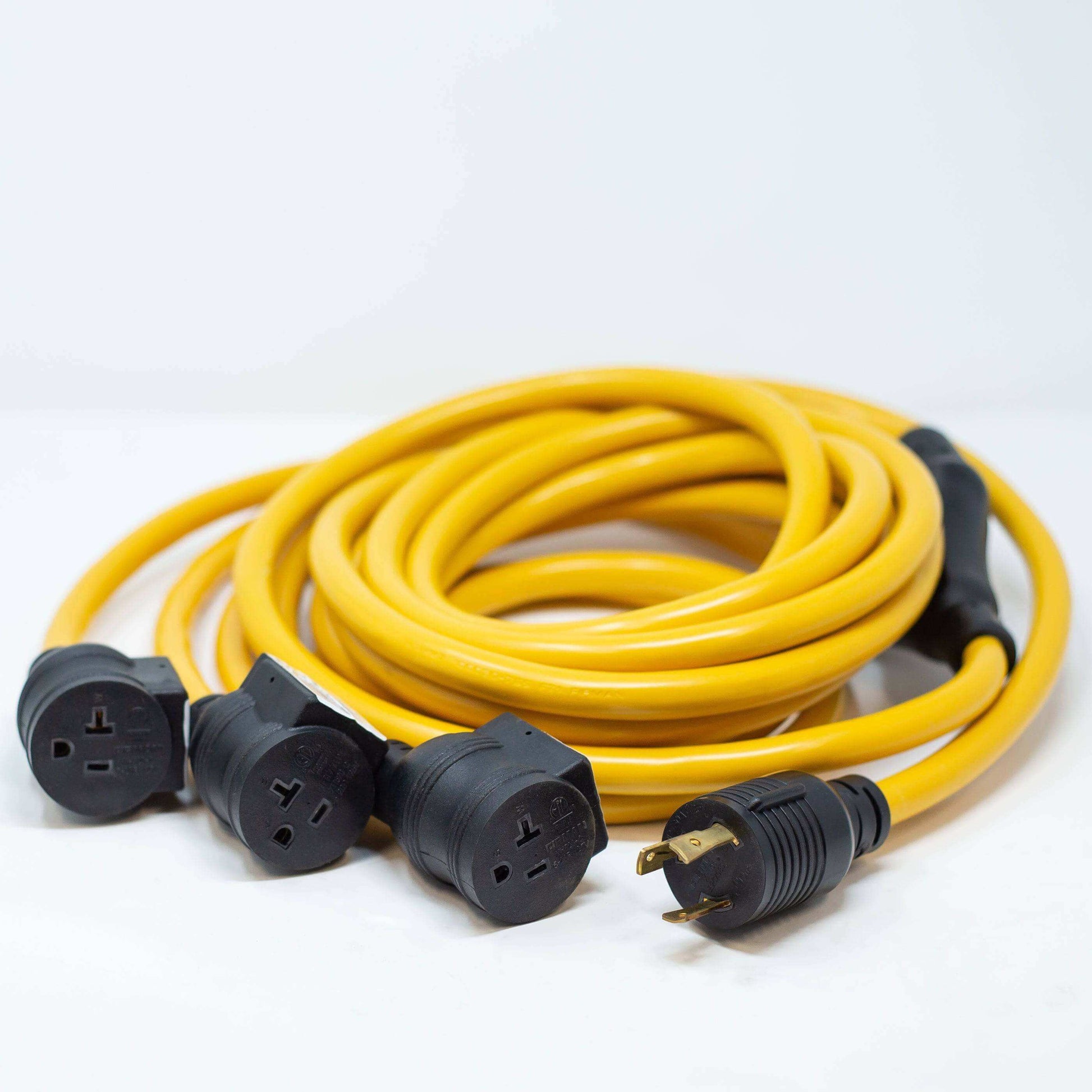 Firman 30A power cord L5-30P to 5-20RX3 yellow, 25FT, outdoor, with circuit breakers, Cabin Depot.