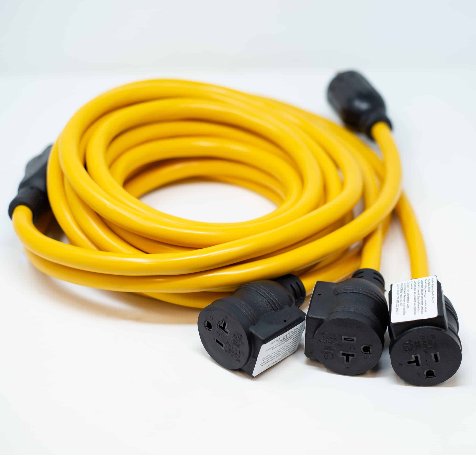 Firman 30A TT-30P To 5-20RX3 power cord, 25FT with split outlets, 30 AMP, gold, outdoor use, optimal for generators, available at Cabin Depot.