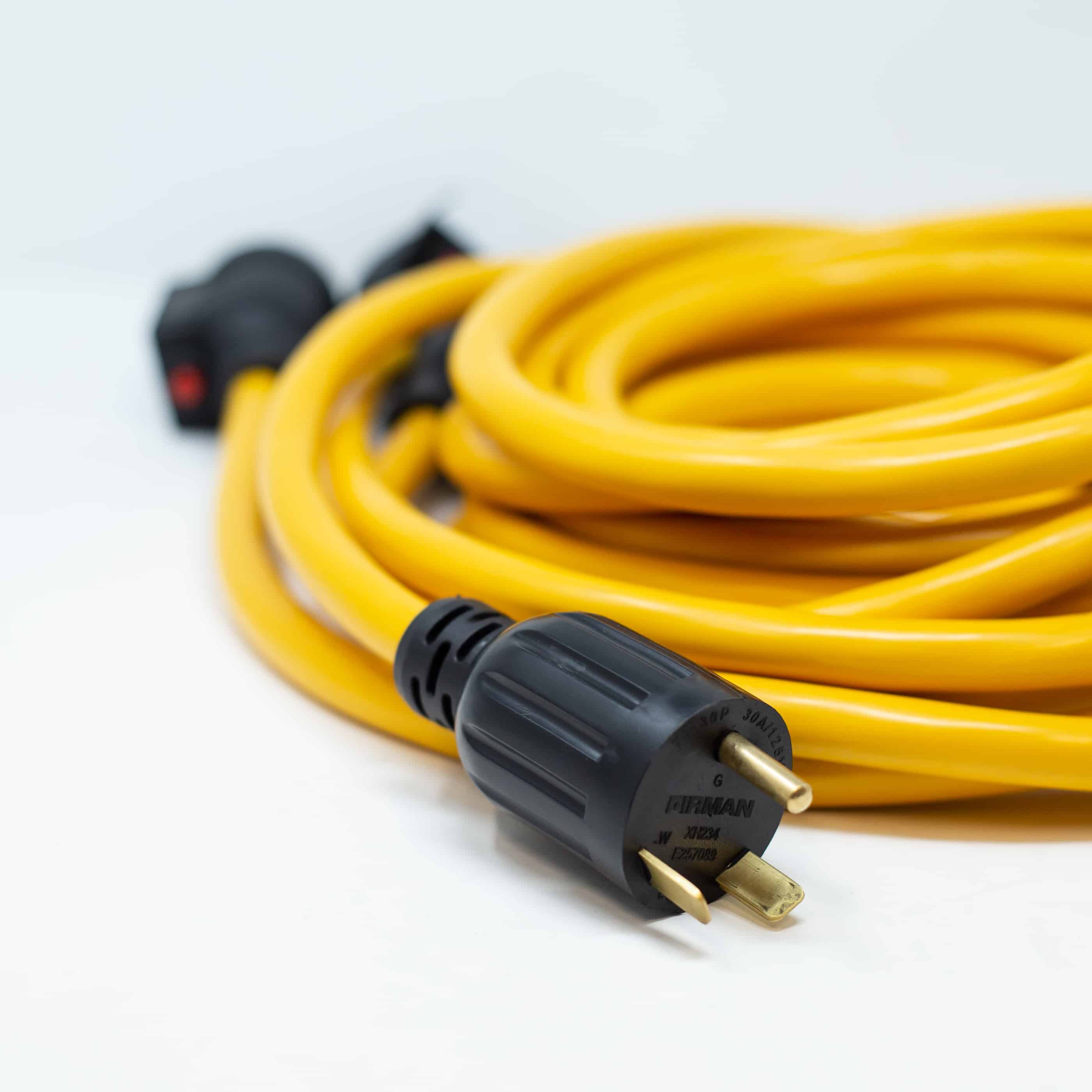Firman 30A TT-30P to 5-20RX3 power cord, 10-gauge, 25ft, outdoor use, gold color, available at Cabin Depot.