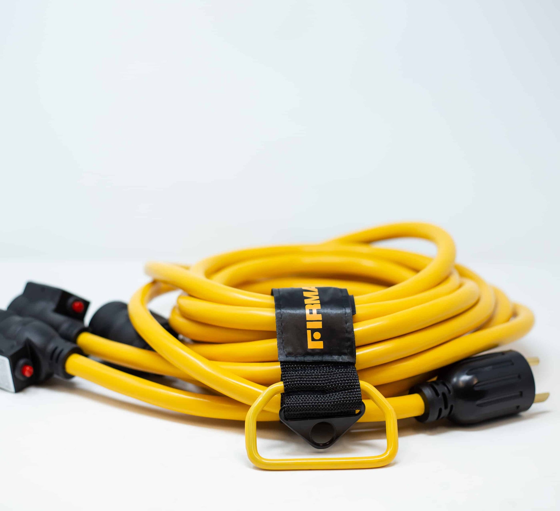 Firman 30A TT-30P to 5-20RX3 power cord, 25FT length, gold color, ideal for outdoor use with Cabin Depot generators, featuring individual circuit breakers.