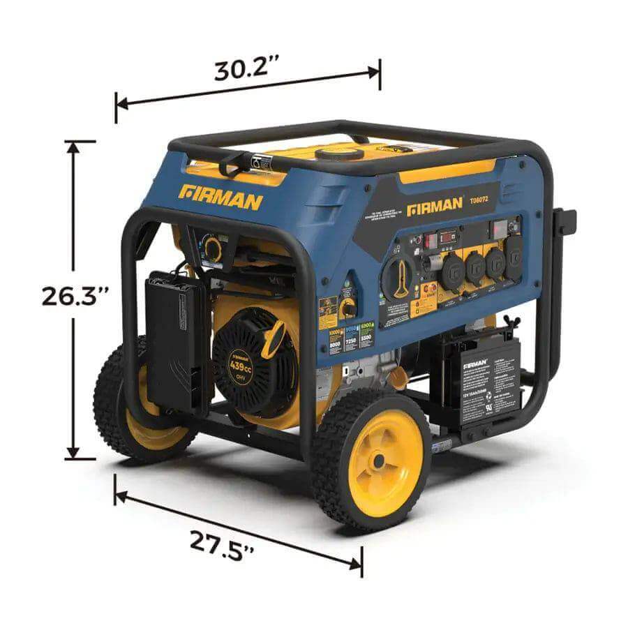 Firman T08072 8,000W Tri-Fuel Generator dimensions, 30.2x27.5x26.3 inches, available at Cabin Depot.