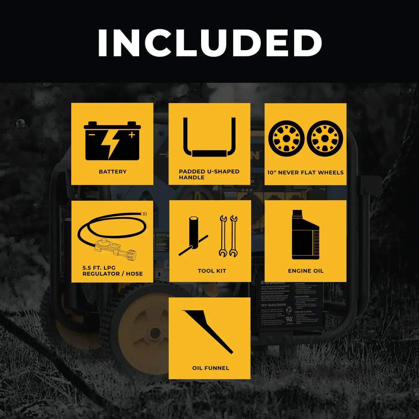 Included accessories for Firman T08072 generator from Cabin Depot: battery, handle, wheels, hose, toolkit, engine oil, oil funnel.