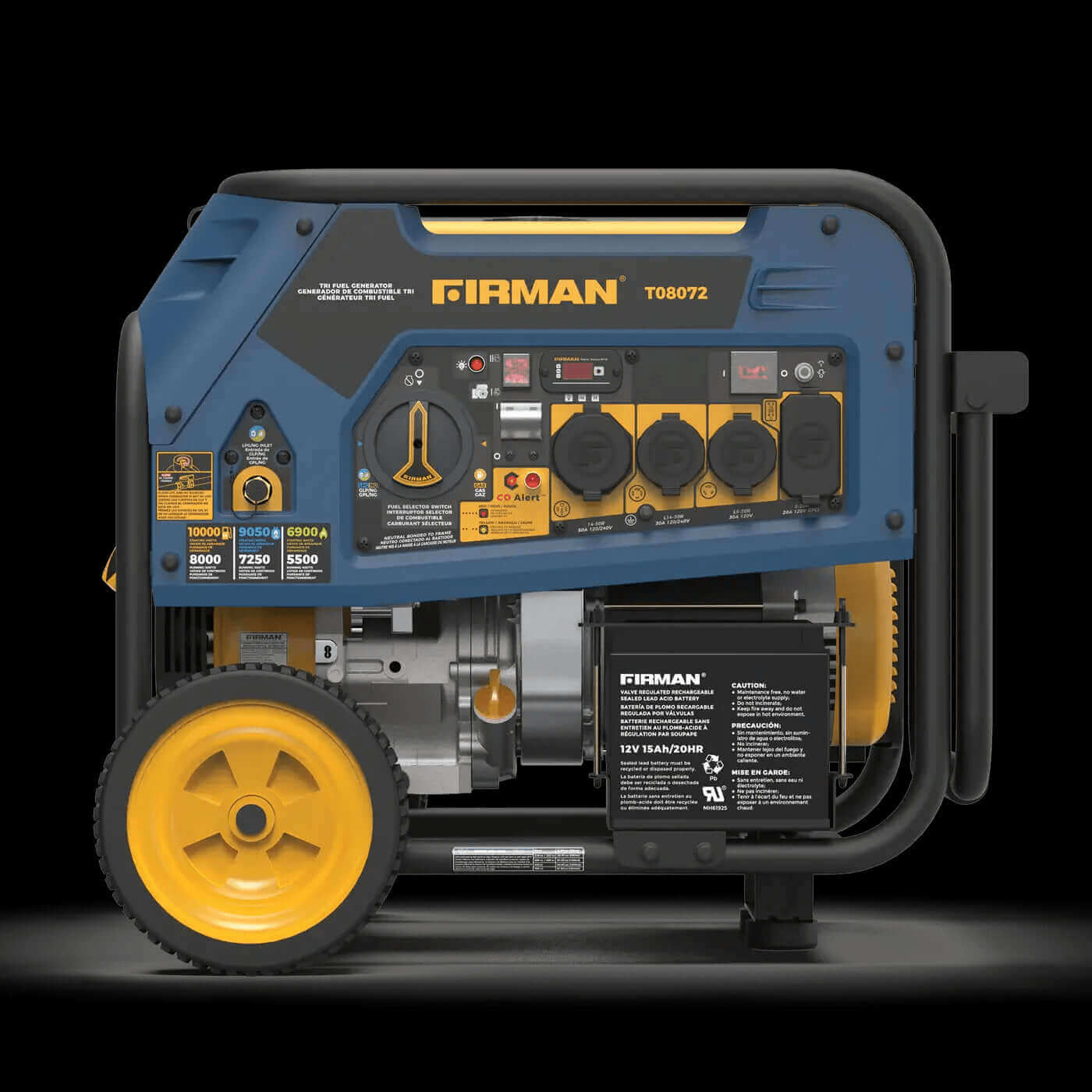 Firman 8,000W Tri-Fuel Electric Start Generator with CO Alert, perfect for any terrain and emergencies. Available at Cabin Depot.