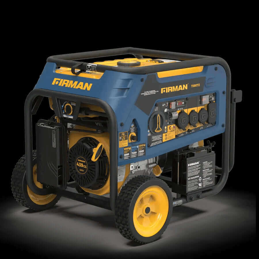 Firman 8,000W Tri-Fuel Generator with CO Alert, available at Cabin Depot, suitable for gasoline, natural gas, and propane use.
