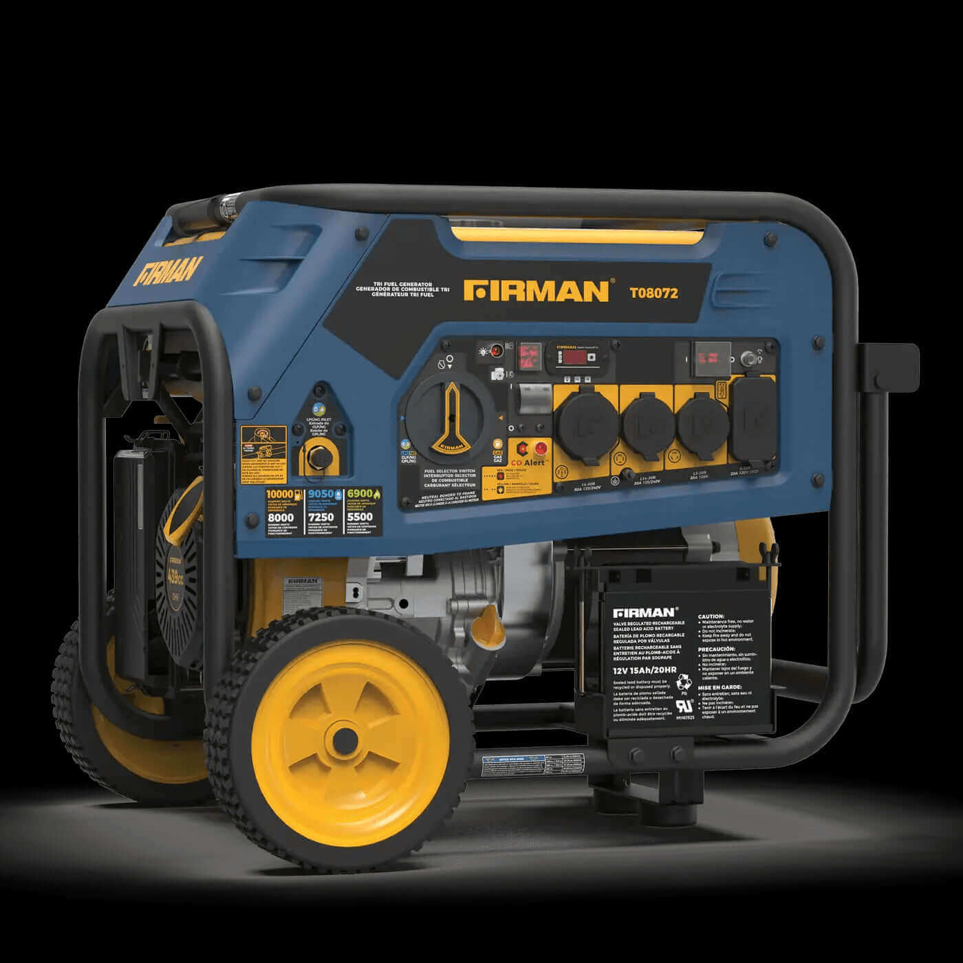 Firman T08072 Tri-Fuel Portable Generator 8,000W with CO Alert, perfect for cabin use, available at Cabin Depot. Runs on gasoline, natural gas, propane.