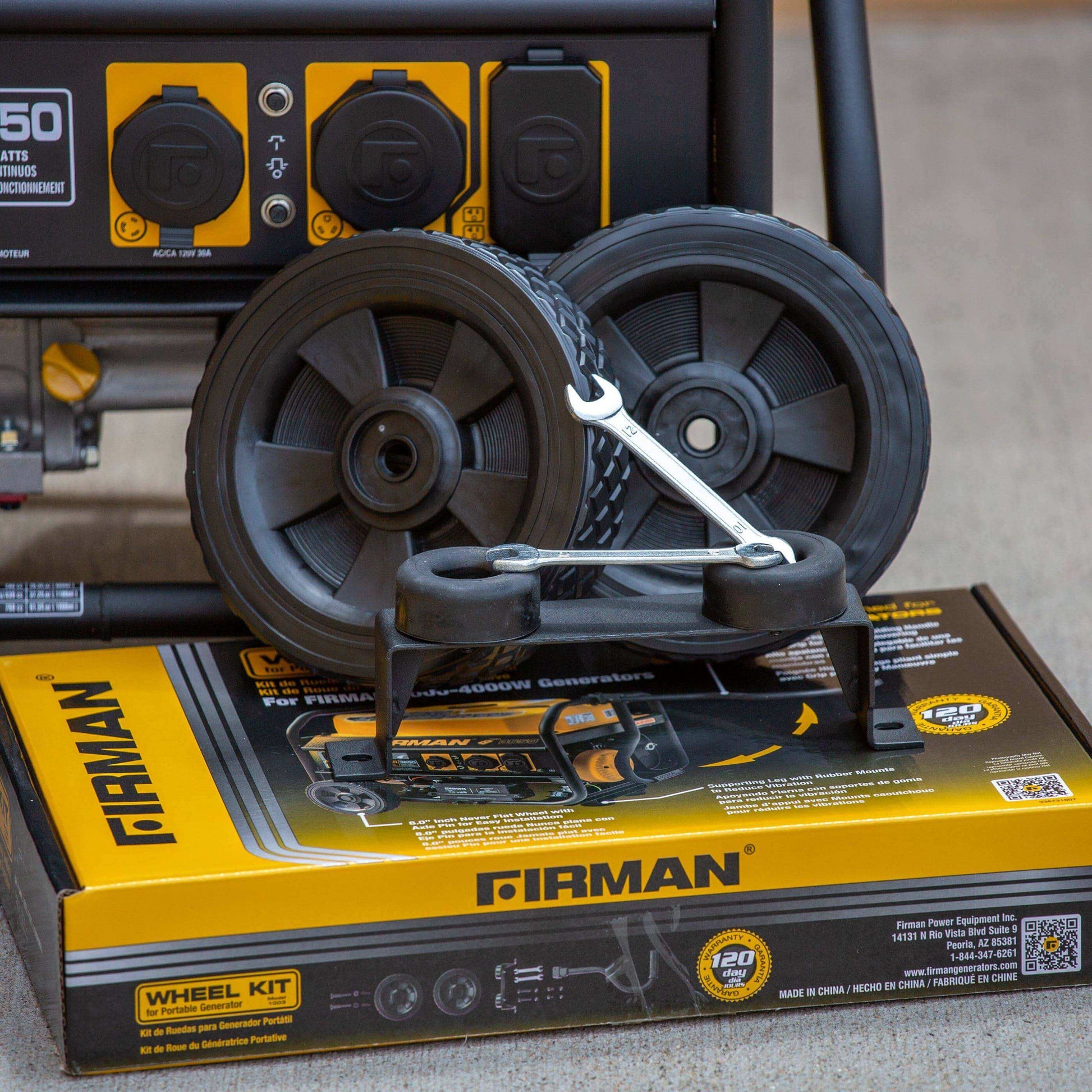 Firman generator wheel kit with Cabin Depot branding, featuring easy-installation wheels and handle for enhanced portability.