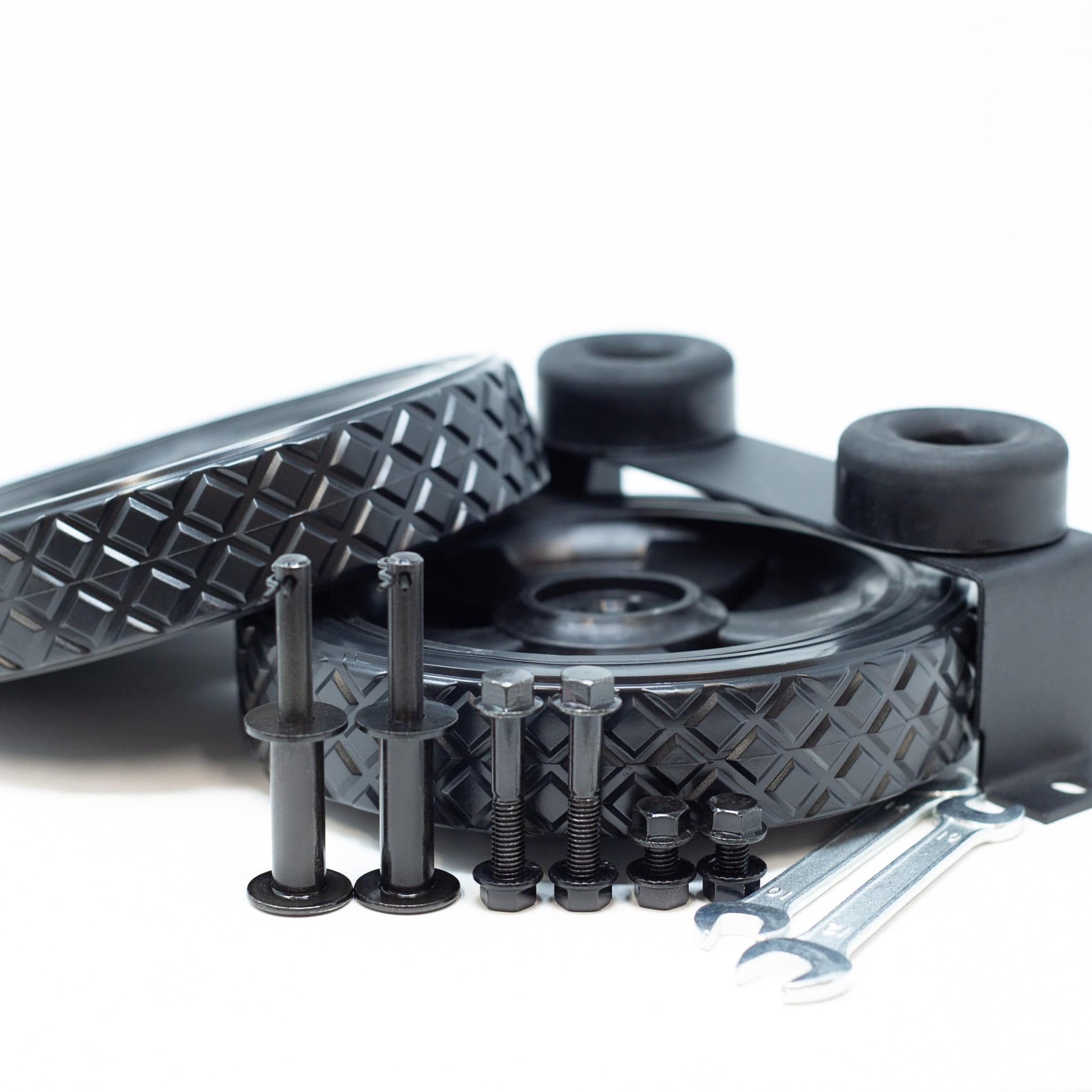 Firman generator wheel kit with two 8-inch never flat wheels, bolts, wrenches, and mounts, available at Cabin Depot for easy portability.