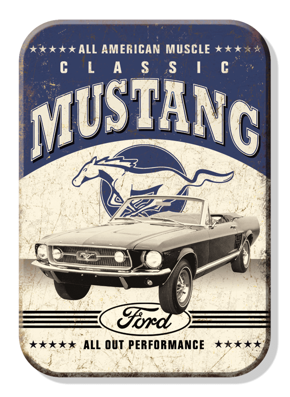 Vintage Ford Mustang classic car sign featuring all American muscle design.