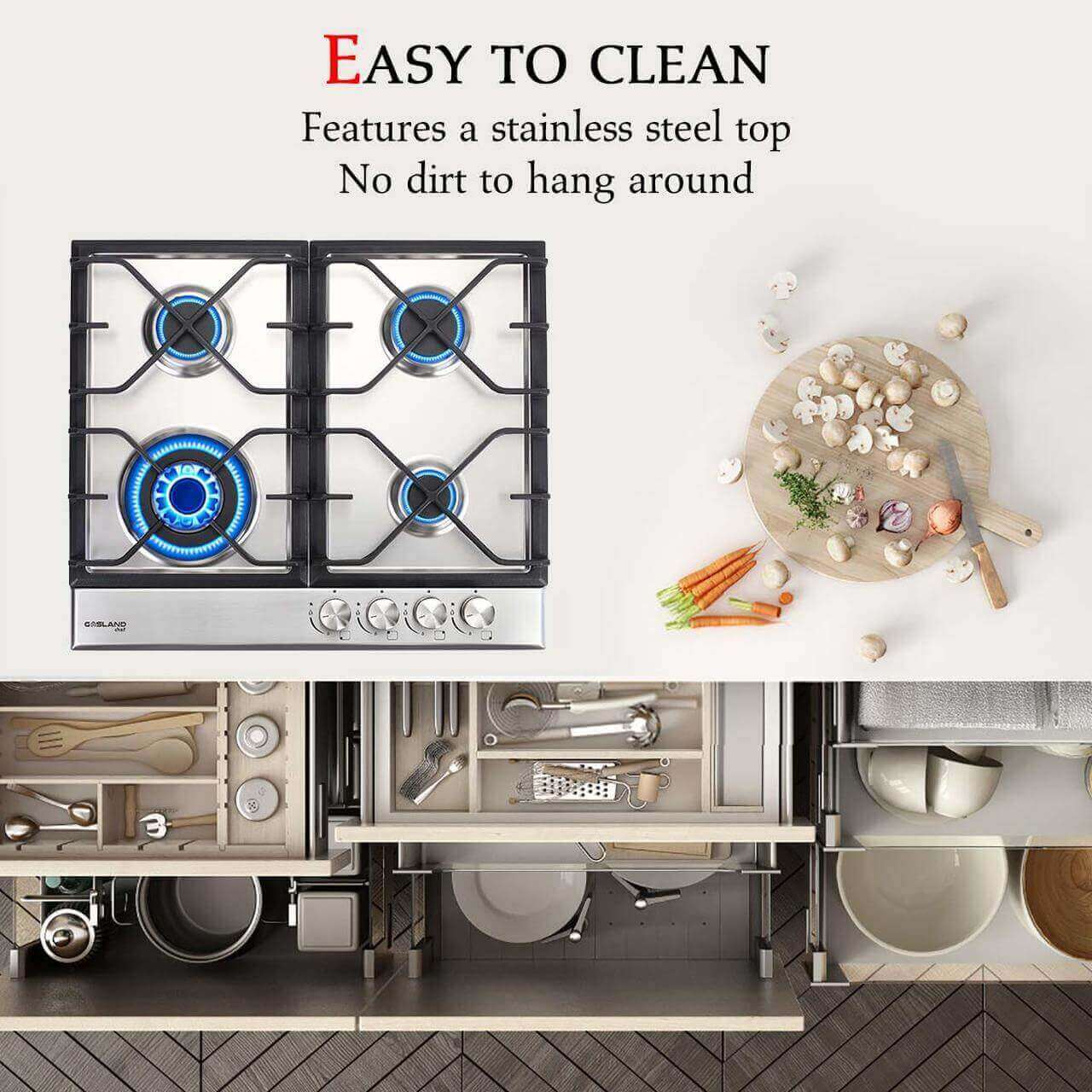 GaslandChef 24" Stainless Steel 4-Burner Built-In Gas Stovetop with easy-clean features, available at Cabin Depot.
