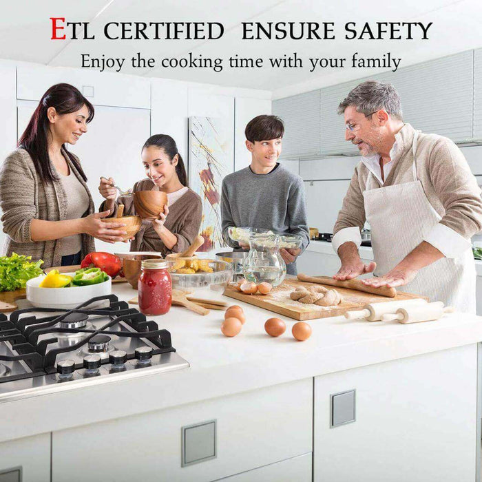 Family cooking in a modern kitchen with GaslandChef stovetop, highlighting ETL certification and safety features.