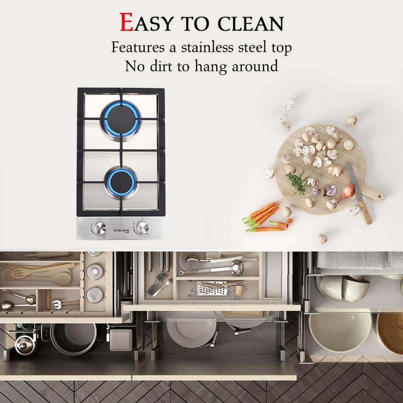 GaslandChef 12" stainless steel built-in gas cooktop with 2 sealed burners. Easy to clean, suitable for cabin kitchens. Cabin Depot.