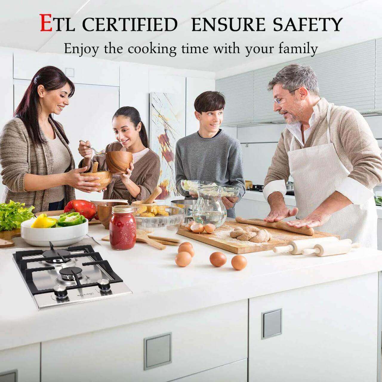 Family cooking on Gasland Chef 12" gas stovetop with ETL certification in modern kitchen, available at Cabin Depot.