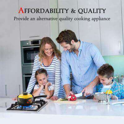 Family cooking together on GaslandChef built-in gas stovetop, emphasizing affordability and quality.