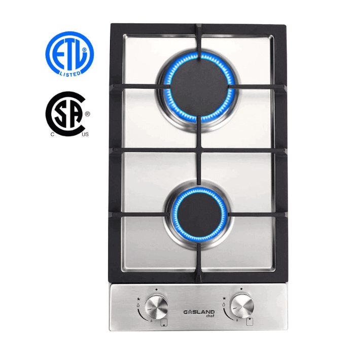 GaslandChef 12" stainless steel built-in gas stovetop with 2 sealed burners, ETL certified, available at Cabin Depot.