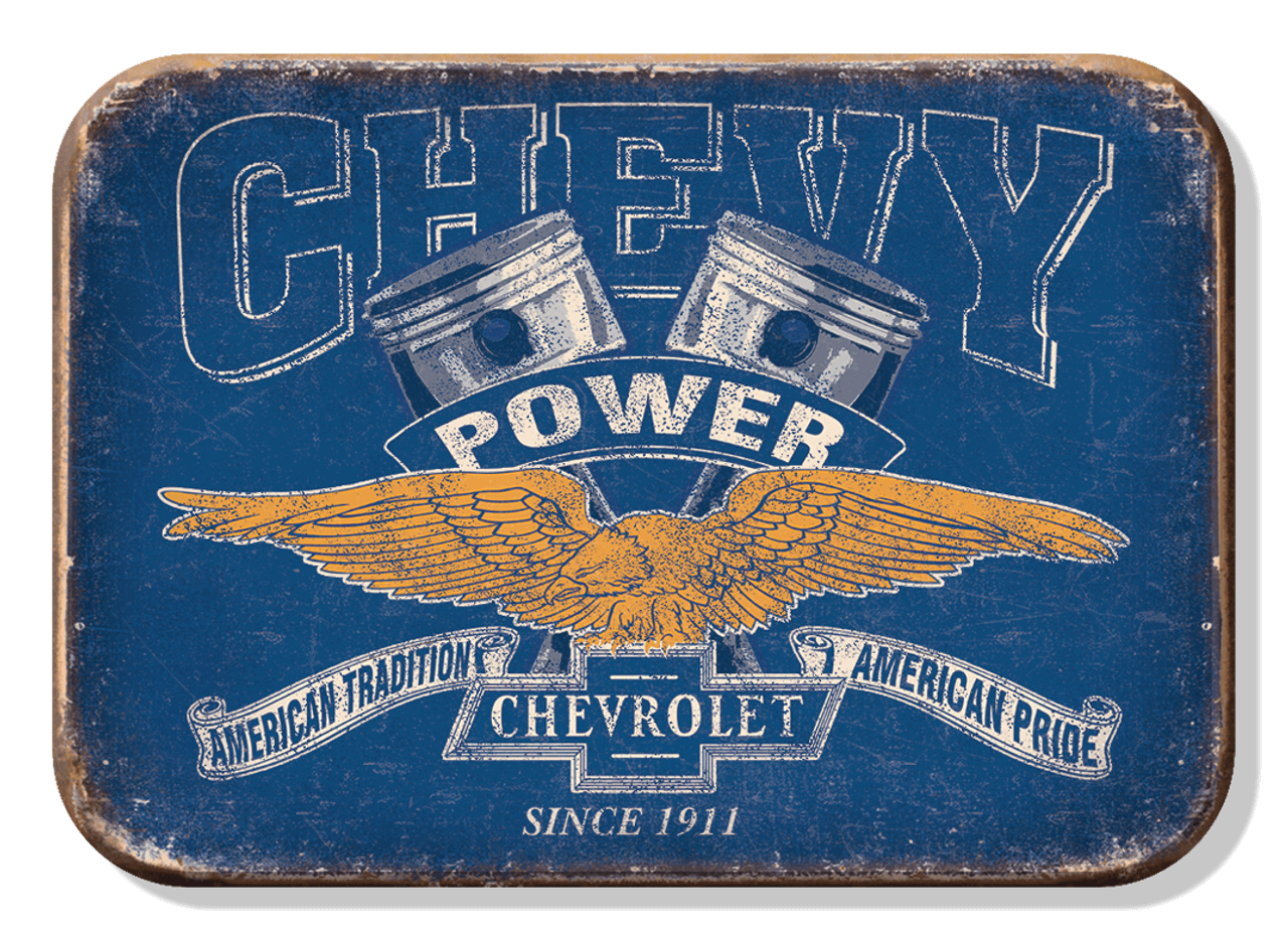 Vintage Chevy Power magnet with pistons and eagle design, perfect for customizing your home, cabin, or bar. American tradition since 1911. Cabin Depot.