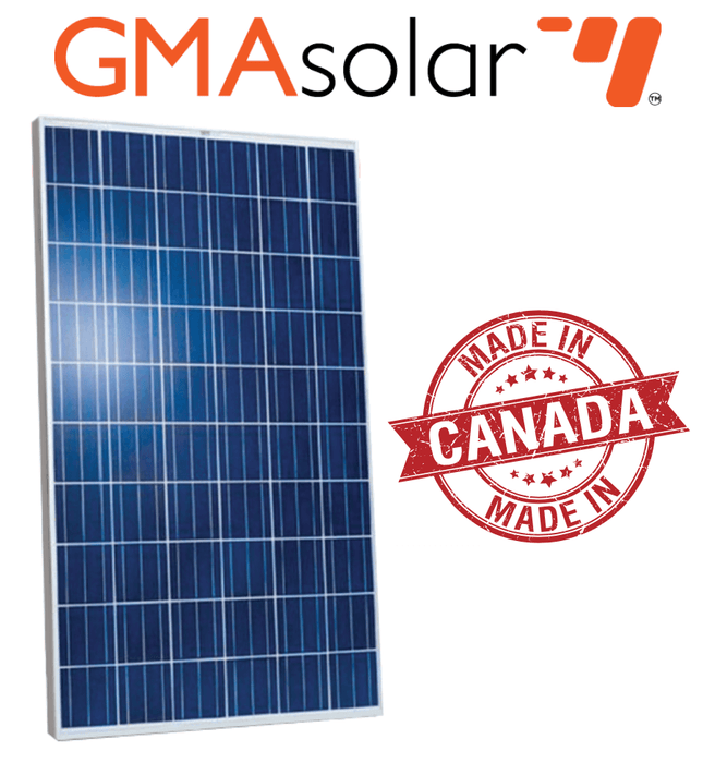 GMA Solar 275W poly solar panel with Made in Canada stamp.