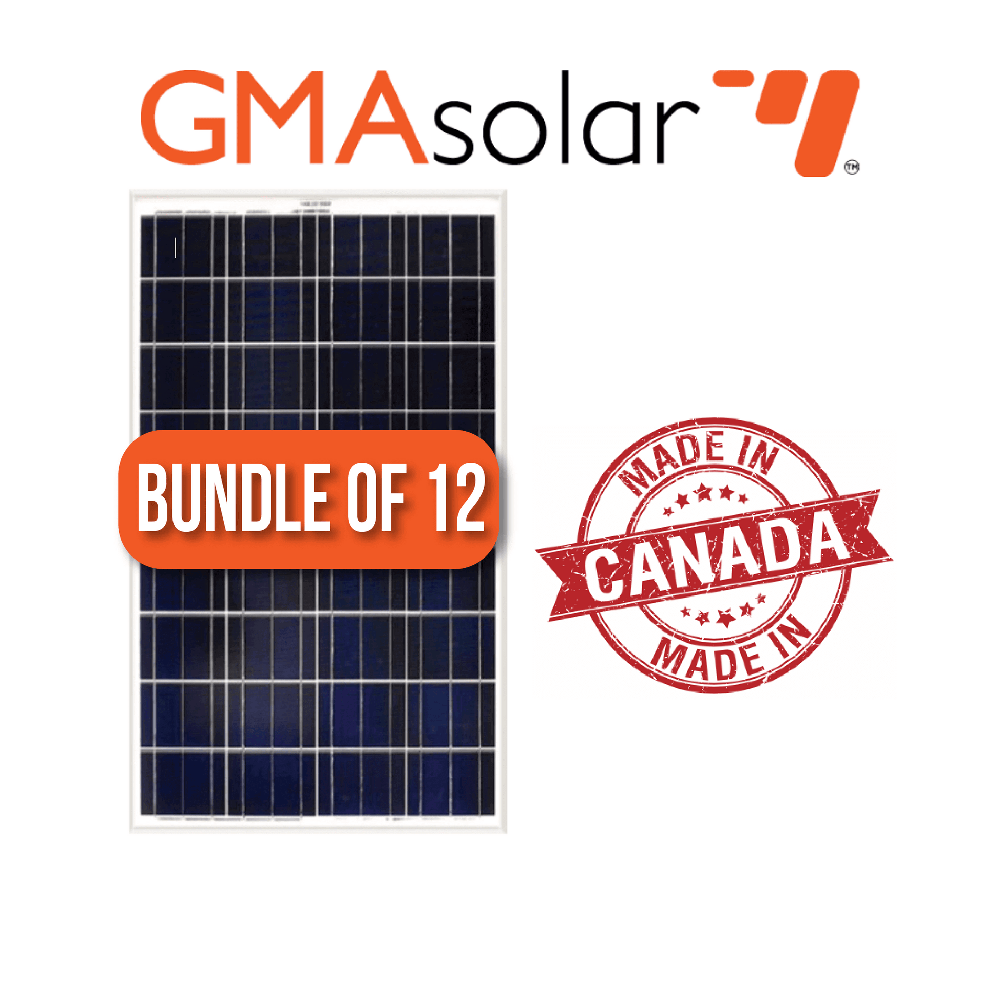 Bundle of 12 GMA Solar Panels 150 Watt, Made in Canada, available at Cabin Depot with quantity discounts, featuring eco-friendly power solutions.