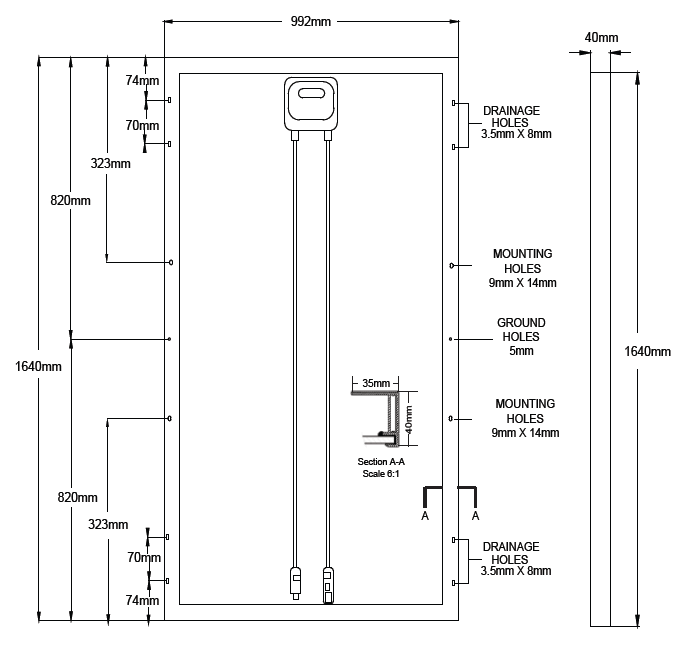 Technical diagram of 300 Watt Mono GMA Solar Panel with dimensions, available at Cabin Depot, showcasing drainage and mounting holes.