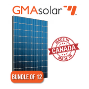 Bundle of 12 GMA Solar 300W Mono Panels made in Canada, available at The Cabin Depot with quantity discounts. Optimize efficiency and savings.