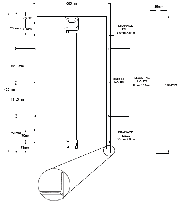 Technical diagram of 150 Watt Poly GMA Solar Panel showing dimensions and mounting details from Cabin Depot.