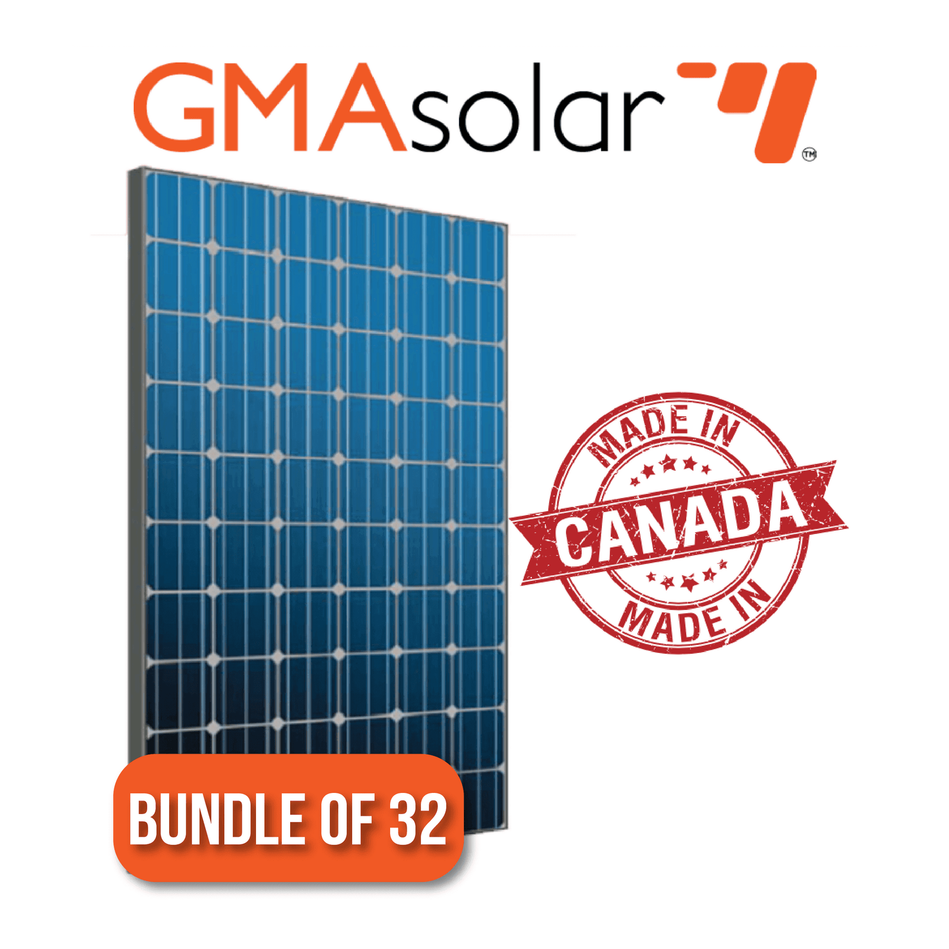 Bundle of 32 GMA Solar 300W Panels made in Canada, available at Cabin Depot with quantity discounts.