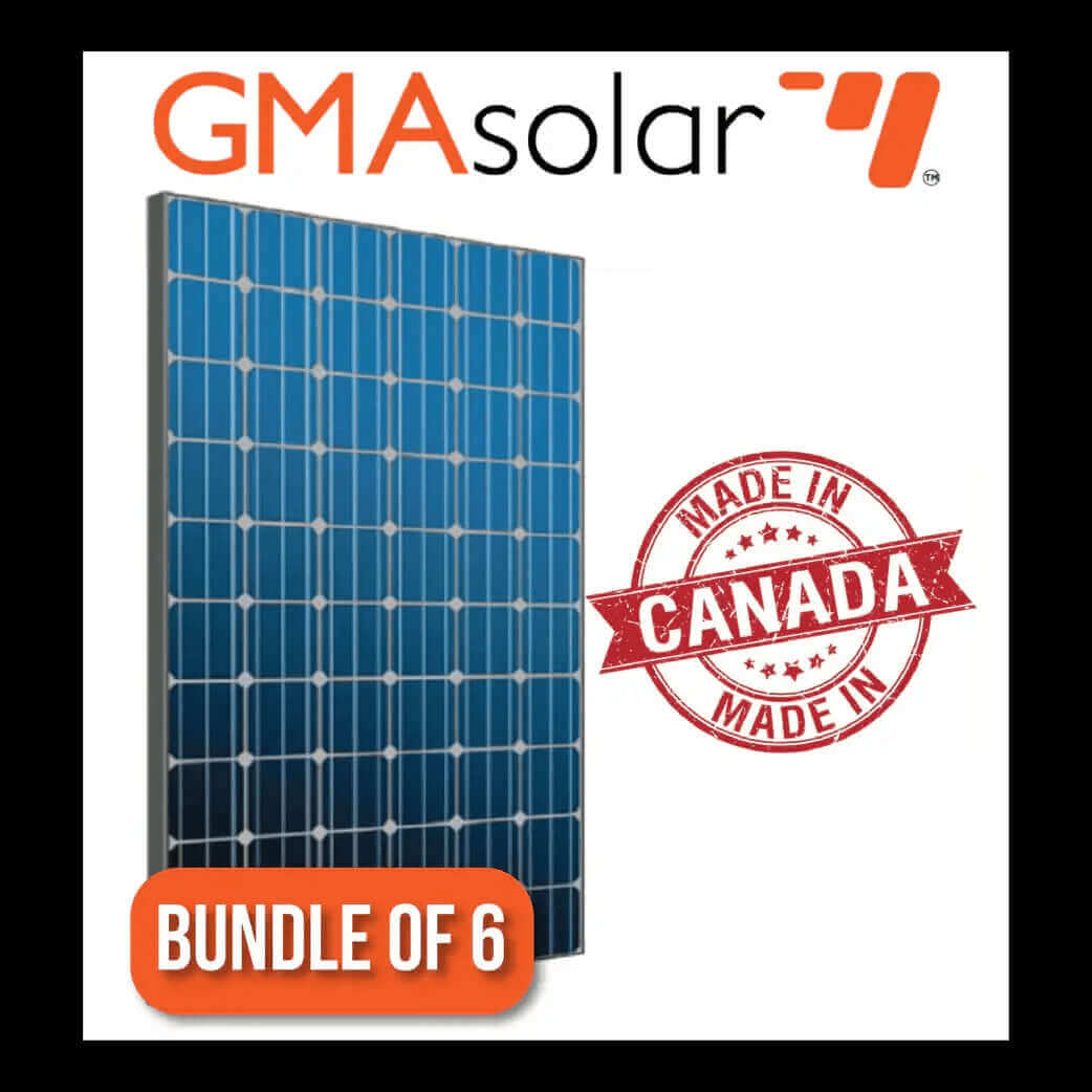 Bundle of 6 Canadian-made 300W Mono GMA Solar Panels, available at Cabin Depot. Eco-friendly energy solution.